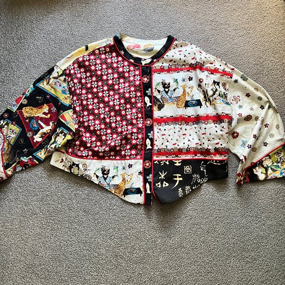 🐱🍣Handmade Japanese Sushi + Cats Printed Cotton Cropped Top/Jacket Whimsical - Picture 11 of 14